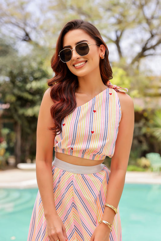 Stripe One Shoulder Top With A-line Skirt