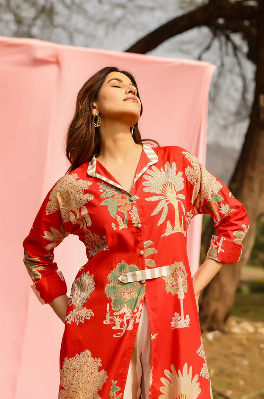 Sunset Palm Print Kurta-Pant Set