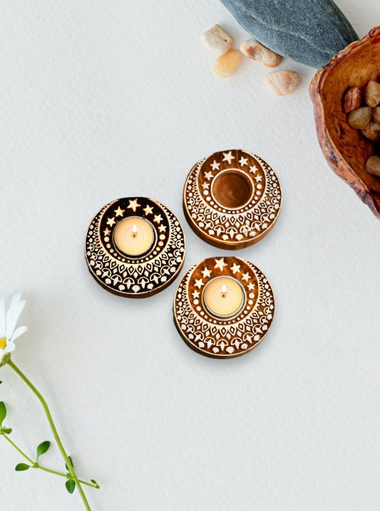 Wooden Round Tea Light Holder - Set of 3