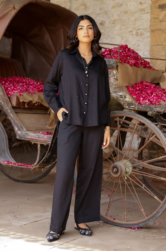 Black Hand Embroidered Evil Eye Shirt and Pant - Set of 2