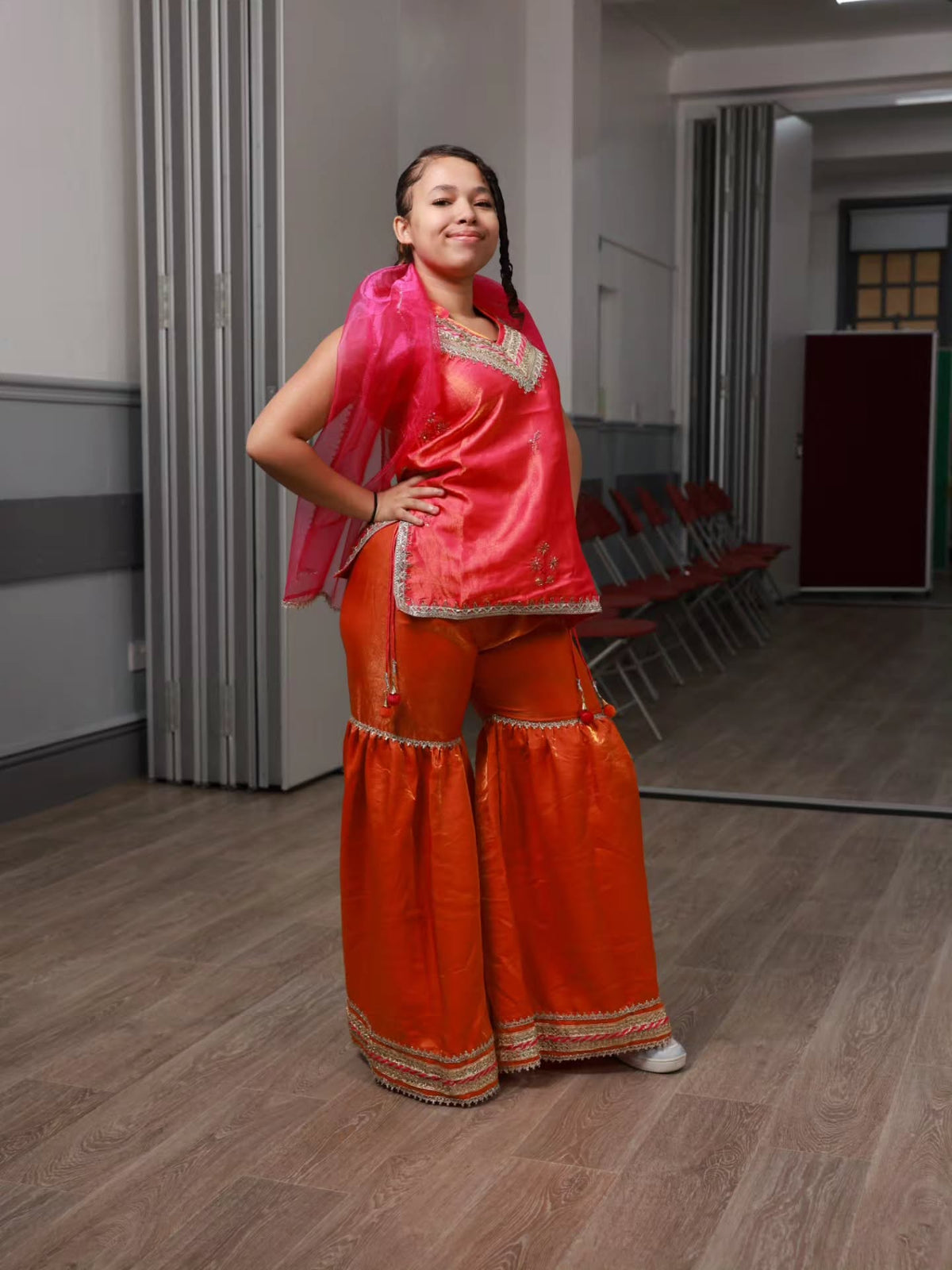 Naz - Girls silk kurta sharara set with Dupatta in Pink & Orange colour