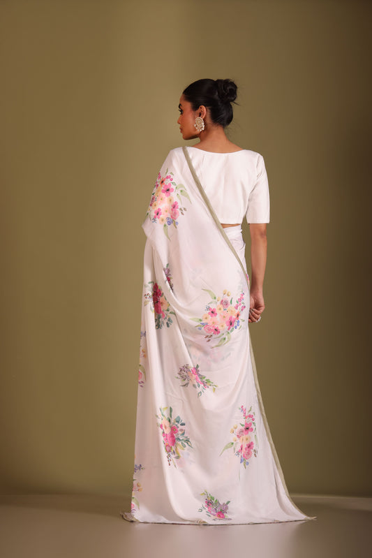Gulzar White Floral Printed Saree and Blouse- set of 3