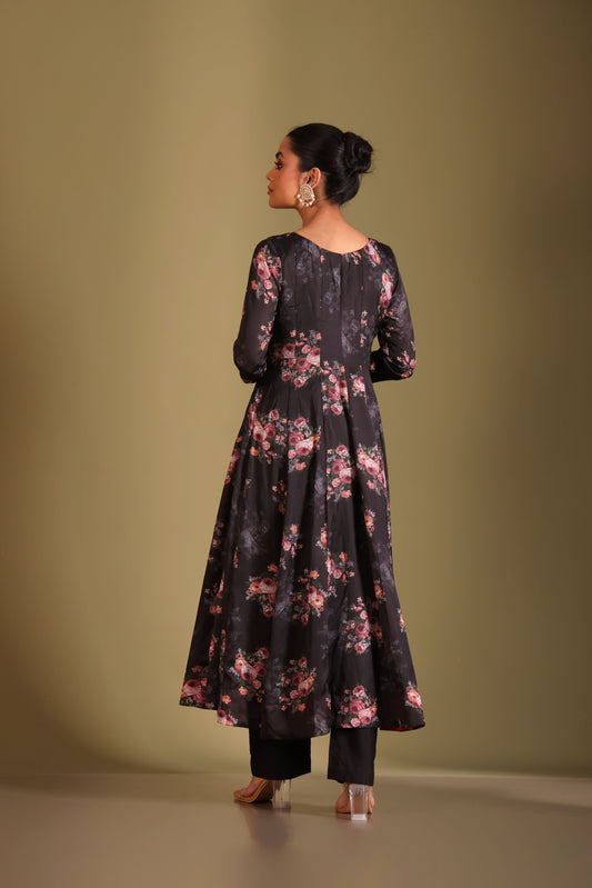 Gulzar Black Floral printed anarkali with pant and dupatta- set of 3