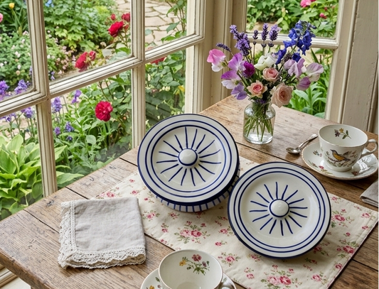 Dining table set with floral teacups and saucers, plates, and a vase of flowers in front of a large window with a garden view.