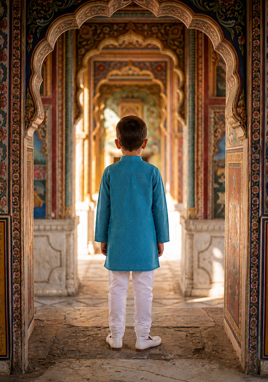 A young boy viewed from behind, wearing a bright turquoise blue kurta and white trousers, standing in a stone corridor framed by ornate, colorful arches.
