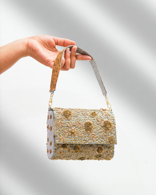 Golden silver flower clutch