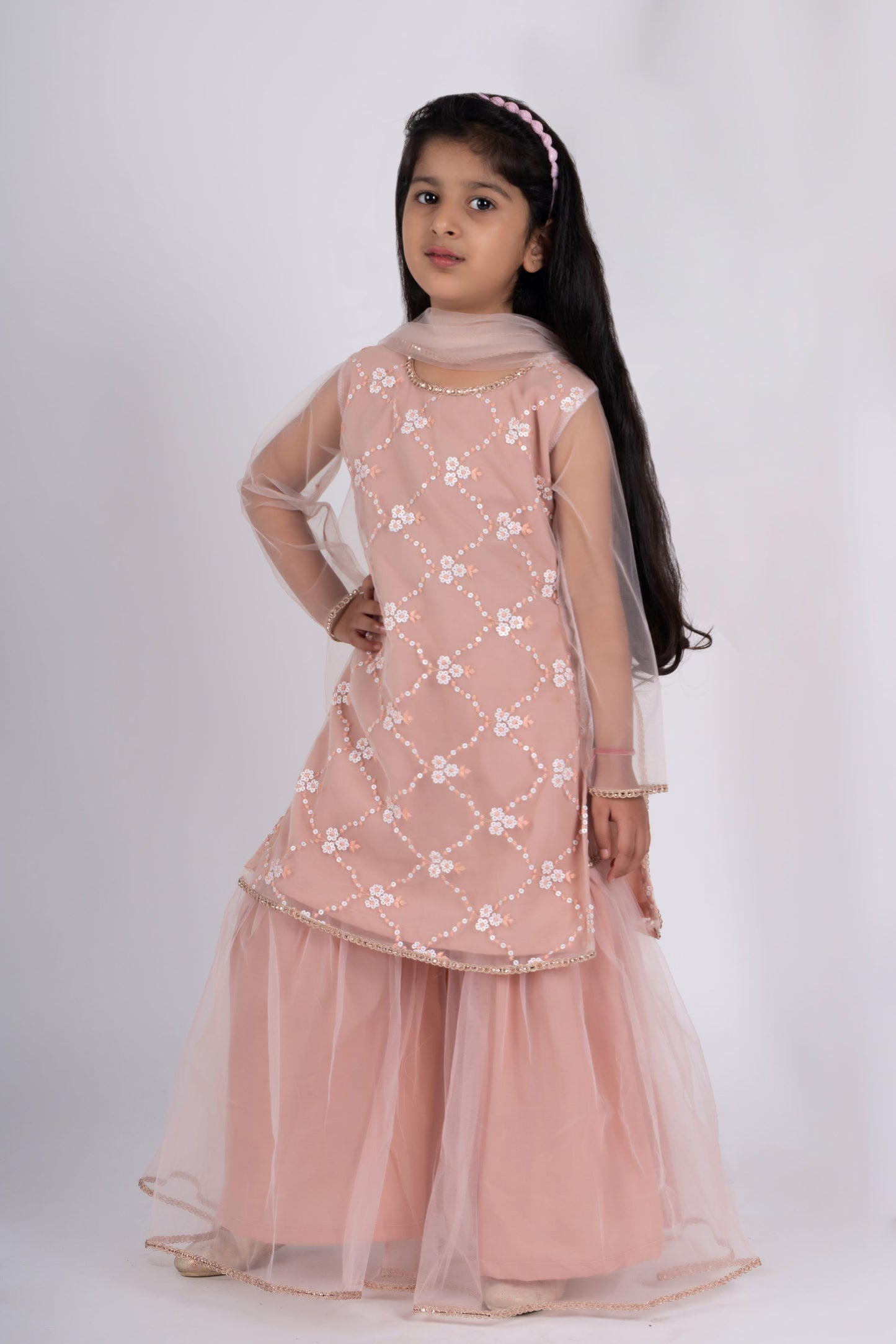 Girls peach net embroidered sharara set
