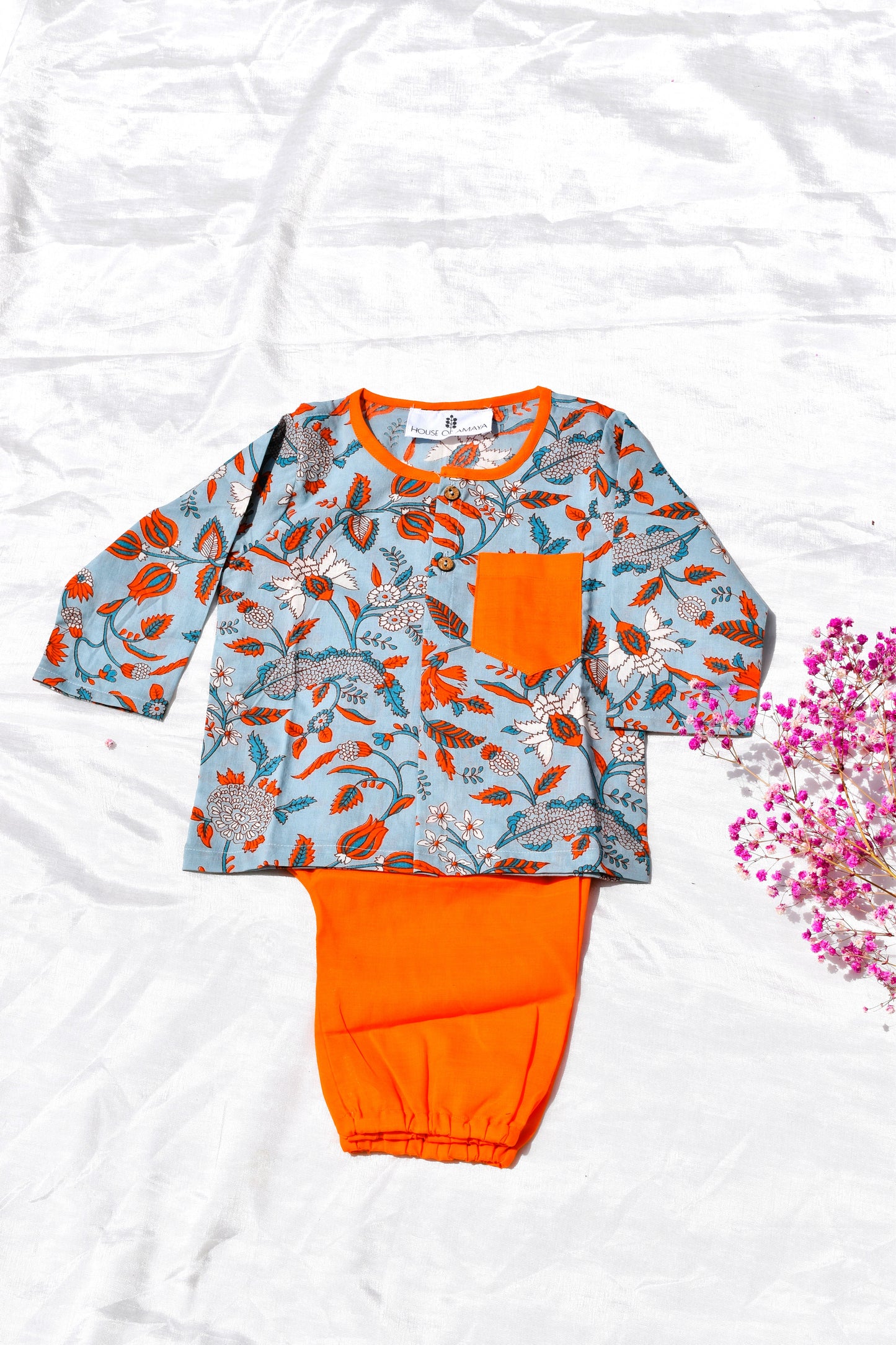 Blue Orange - Unisex floral set for new borns