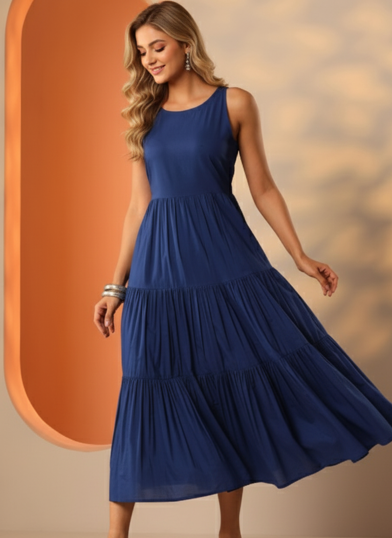 Women Solid Round Neck Fit & Flare Maxi Dress