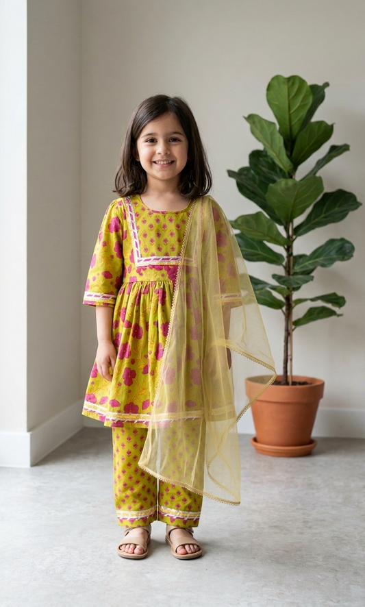 A young girl wearing a green traditional peplum kurts with pink floral patterns and a sheer yellow dupatta.The outfit has a matching payjama with pink floral motifs.
