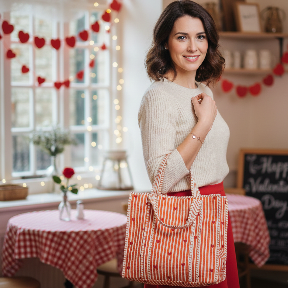 Woman holding a heart patterned block print tote bag in a decorated room for Valentine's Day decorations.