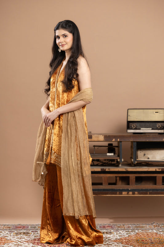 Rivaaj Short kurta, Gharara & dupatta - Burnt Orange and golden
