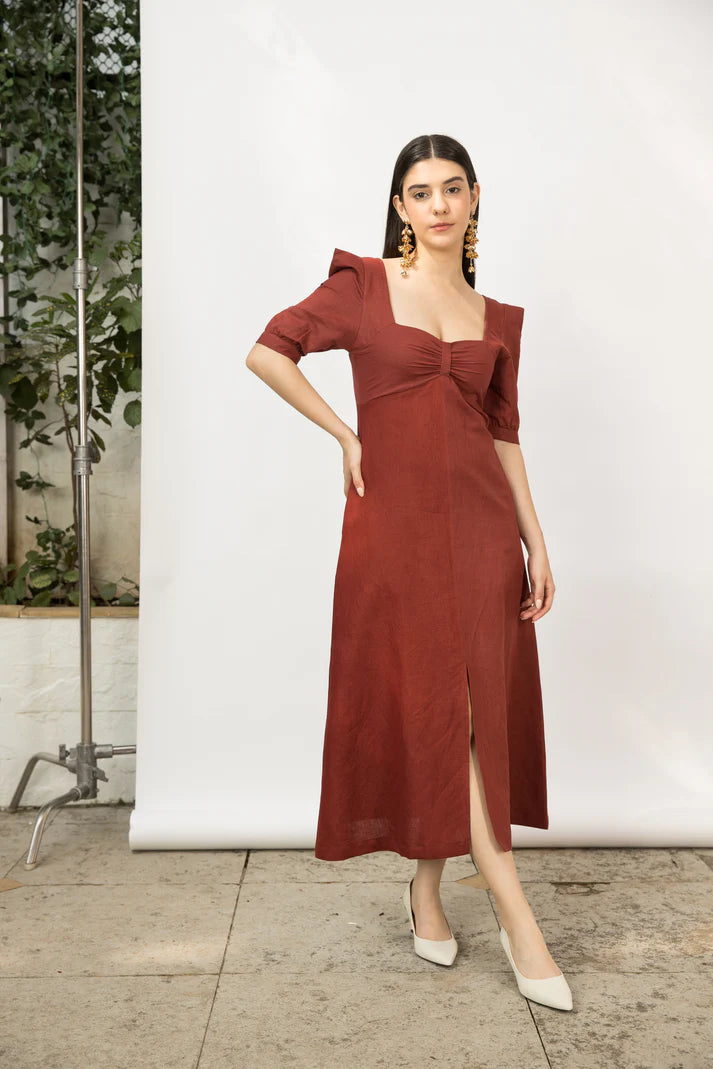 front slit midi dress Liserie Linen Cutouts & Front Slit Midi Dress