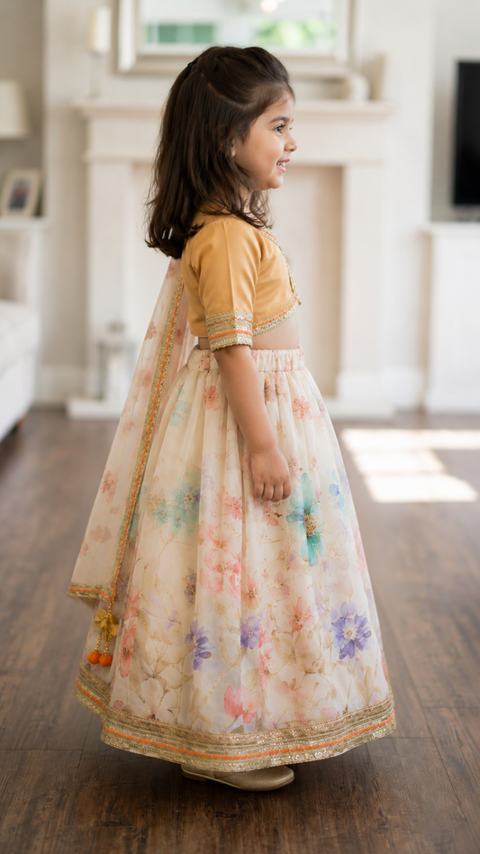A young girl wearing a traditional Indian outfit with a mustard yellow short-sleeve top and a long, flared cream-colored skirt decorated with pastel floral prints, standing in a bright indoor room.