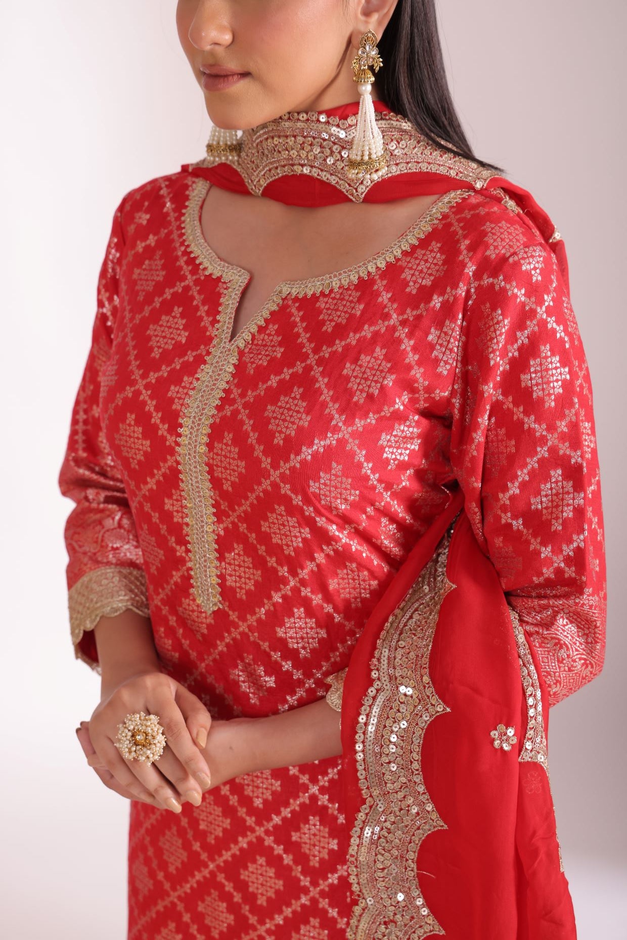 Noorika Red Chanderi Kurta with Pant and dupatta- set of 3