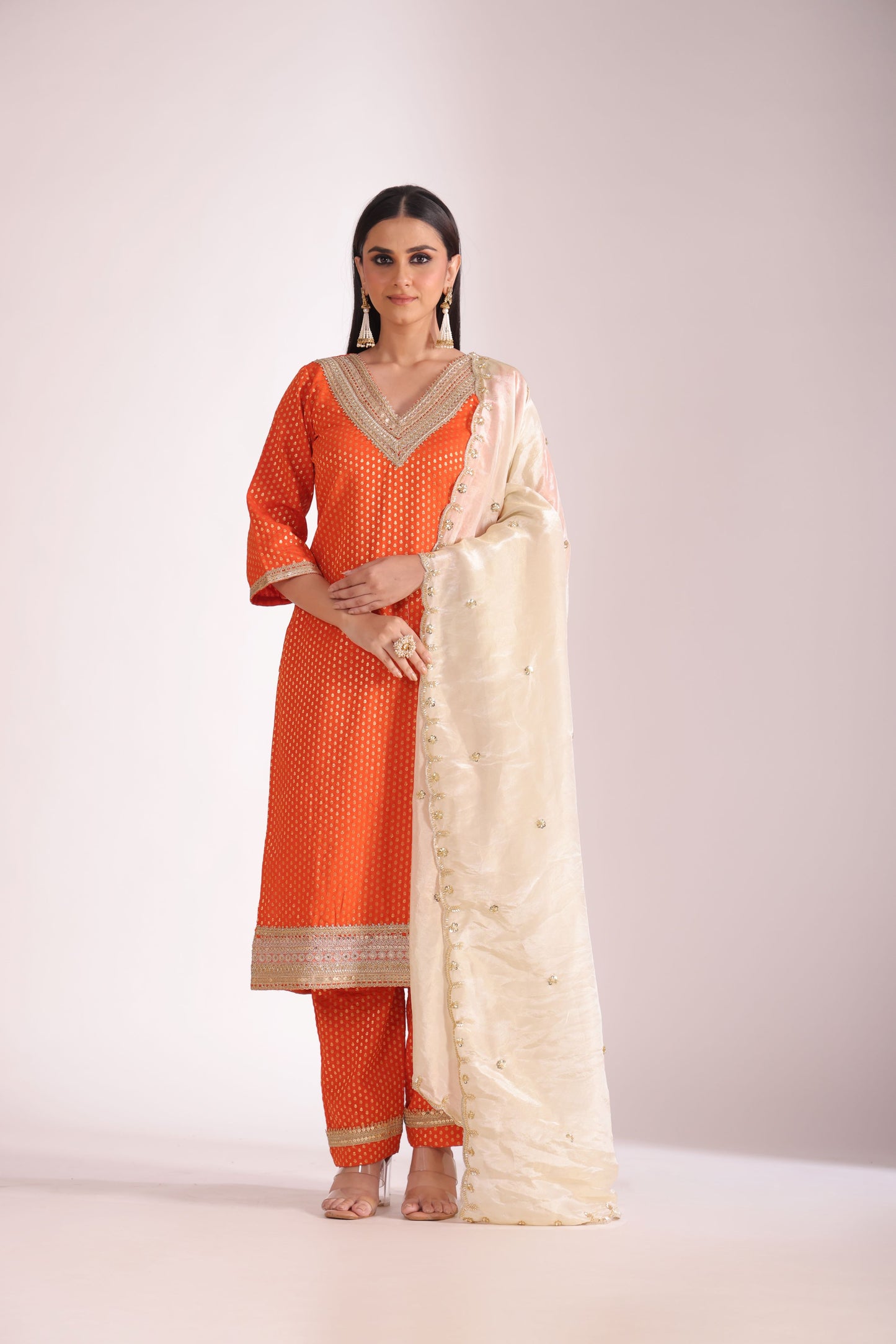 Noorika Orange Silk Kurta with Pant and dupatta- set of 3