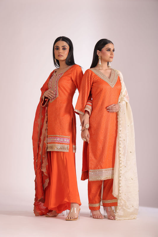 Noorika Orange Silk Kurta with Dhoti pant and dupatta- set of 3