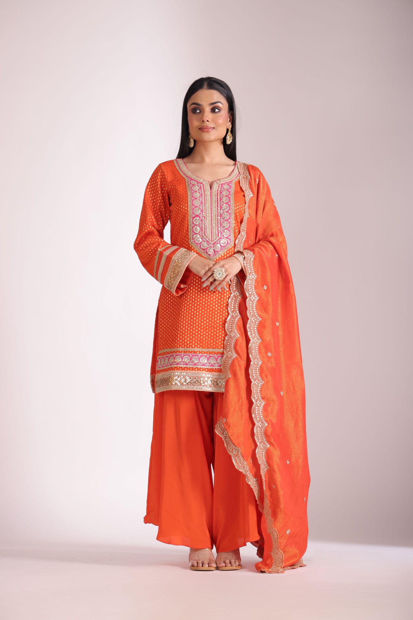 Noorika Orange Silk Kurta with Dhoti pant and dupatta- set of 3