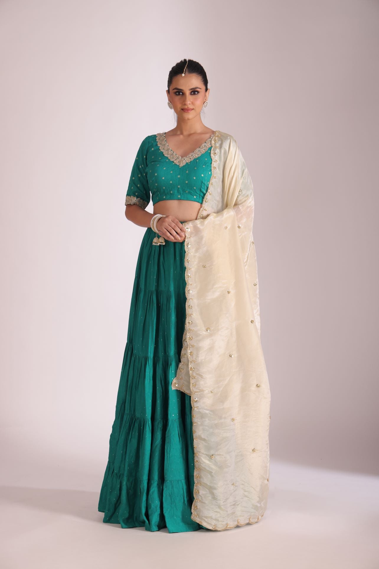Mastani Teal Chanderi Blouse and Lehenga with dupatta- set of 3