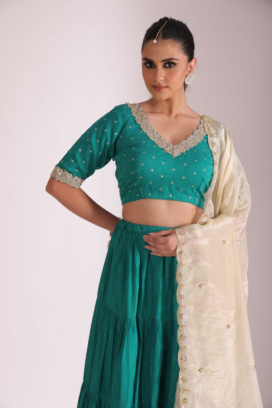 Mastani Teal Chanderi Blouse and Lehenga with dupatta- set of 3