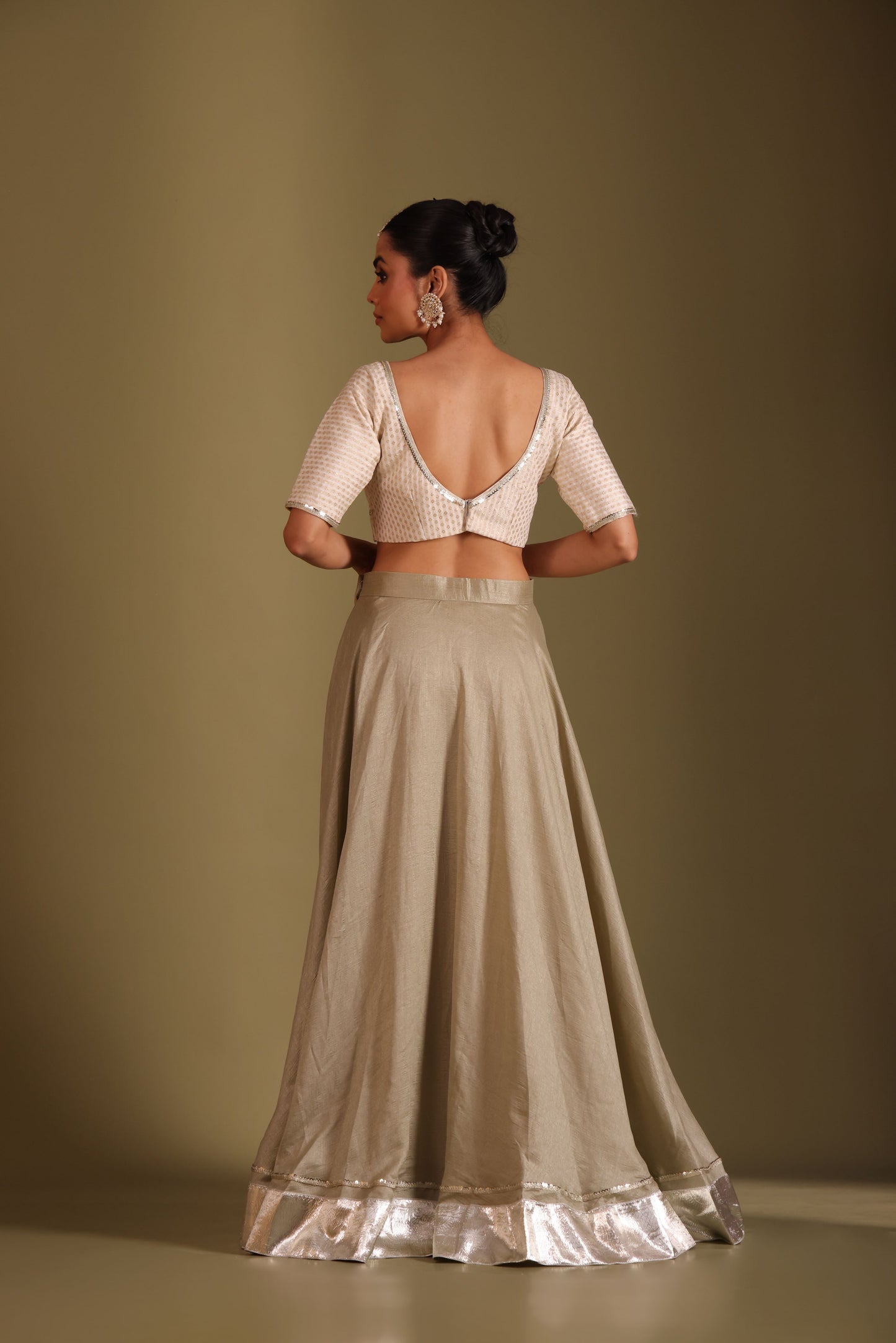 Noorika Ivory Brocade Blouse with Sage Silk Lehenga and dupatta- set of 3