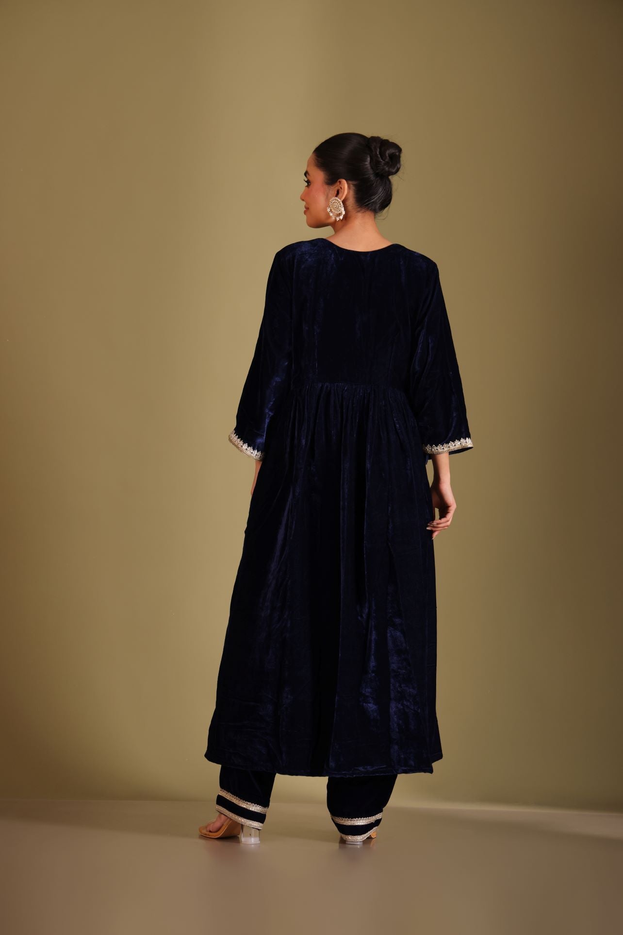 Noor-E-Zar Black Velvet Anarkali with Silk pants and Shawl - Set of 3