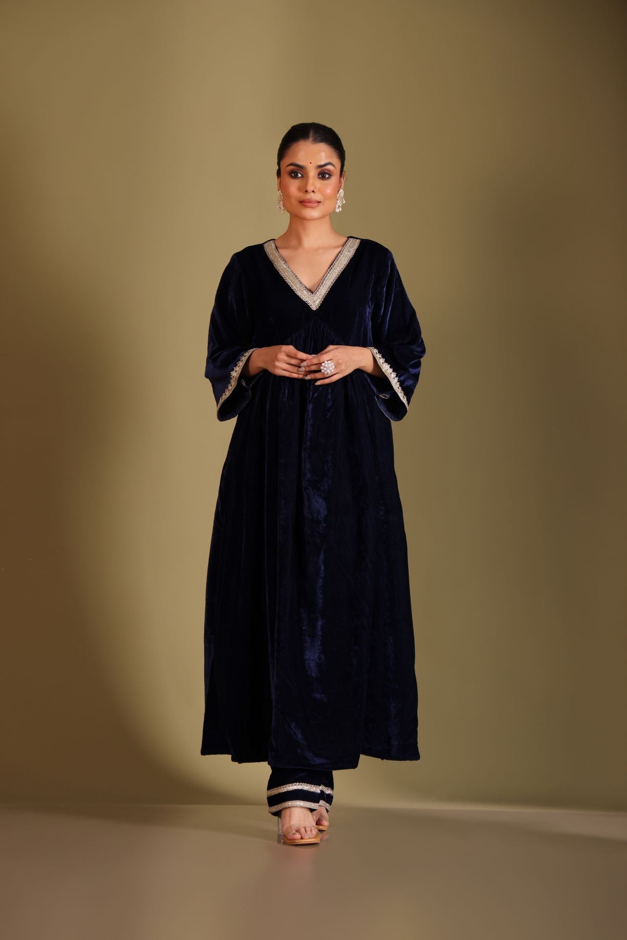 Noor-E-Zar Navy Blue Velvet Kurta with velvet pants and Shawl - Set of 3