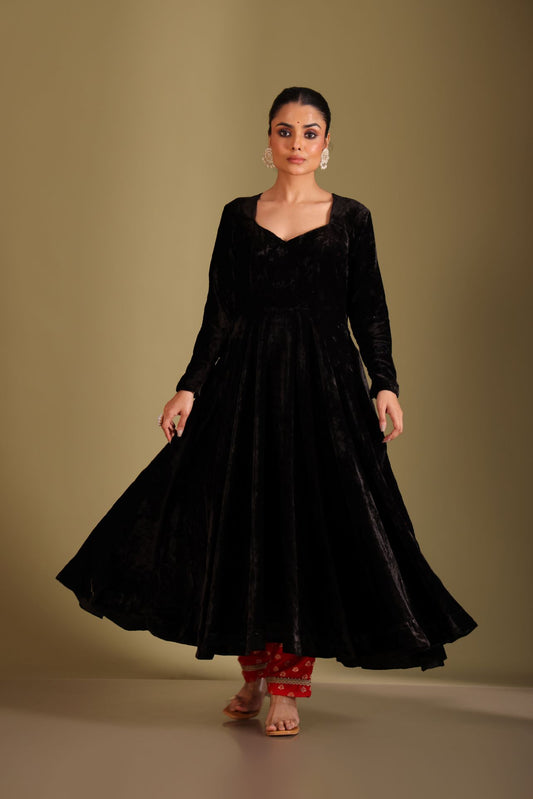 Noor-E-Zar Black Velvet Anarkali with Silk pants and Shawl - Set of 3