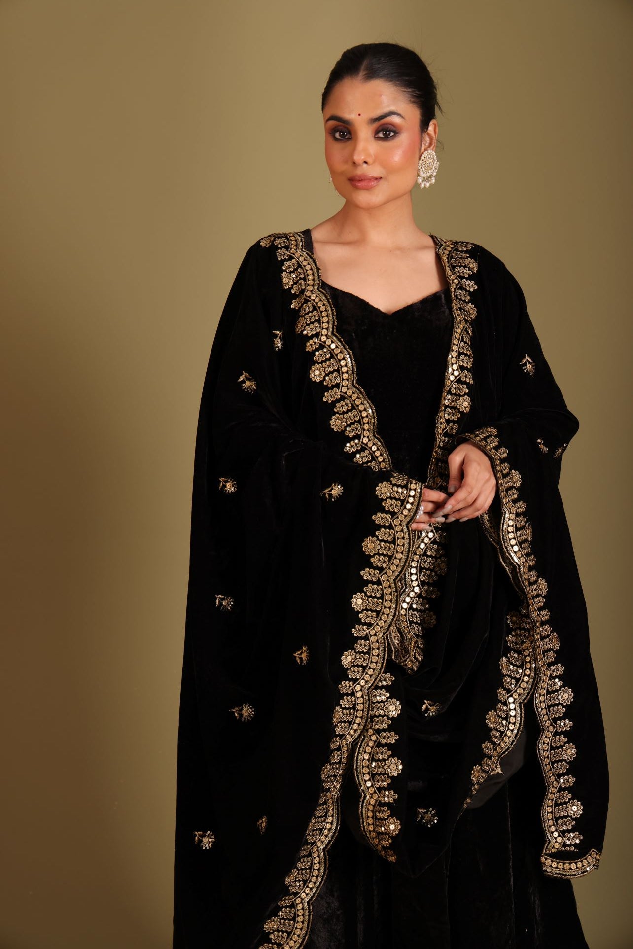 Noor-E-Zar Black Velvet Anarkali with Silk pants and Shawl - Set of 3