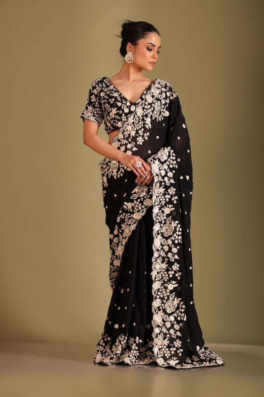 Rooh Black Embroidered Blouse and Saree
