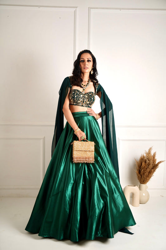 MEERA Green blackout satin lehenga
