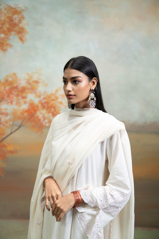 White & Pink Embroidery Cotton Silk & Georgette Kurta Set 3 Pcs