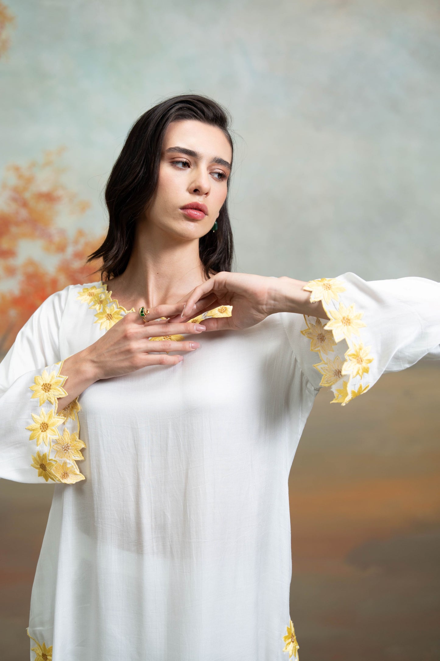 White & Yellow Sunflower Embroidery Cotton Silk & Organza Kurta Set 3 Pcs