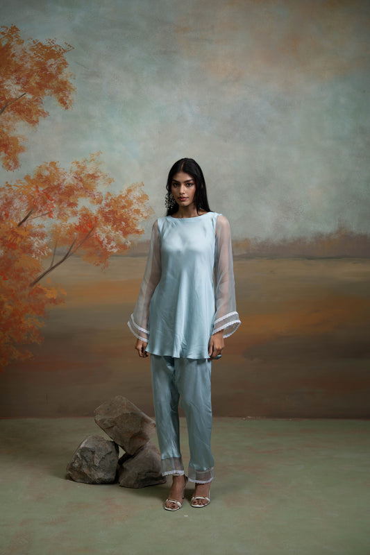 Powder Blue Lace & Organza Detailing Organza Peplum Set 2 Pcs