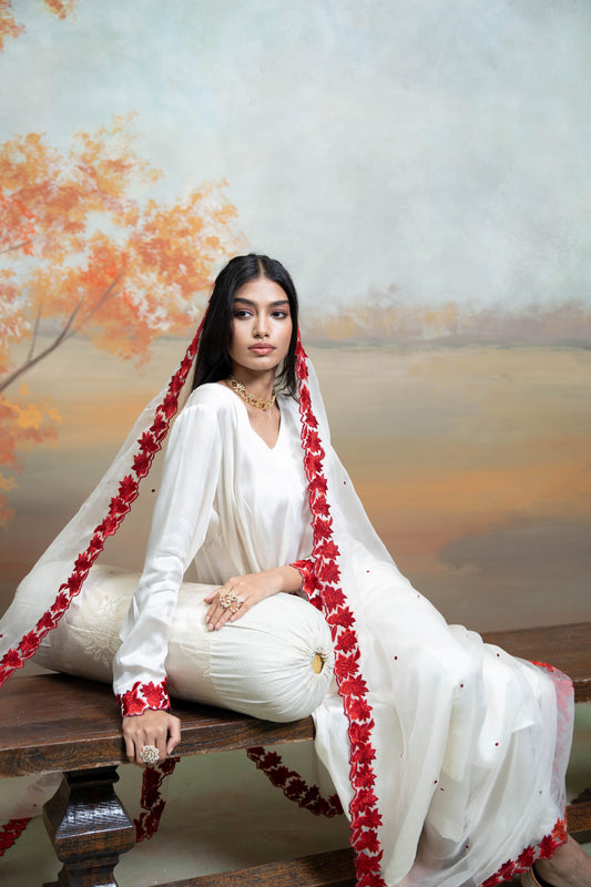 White & Red Floral Embroidery Cotton Silk & Organza Anarkali Set 3 Pcs