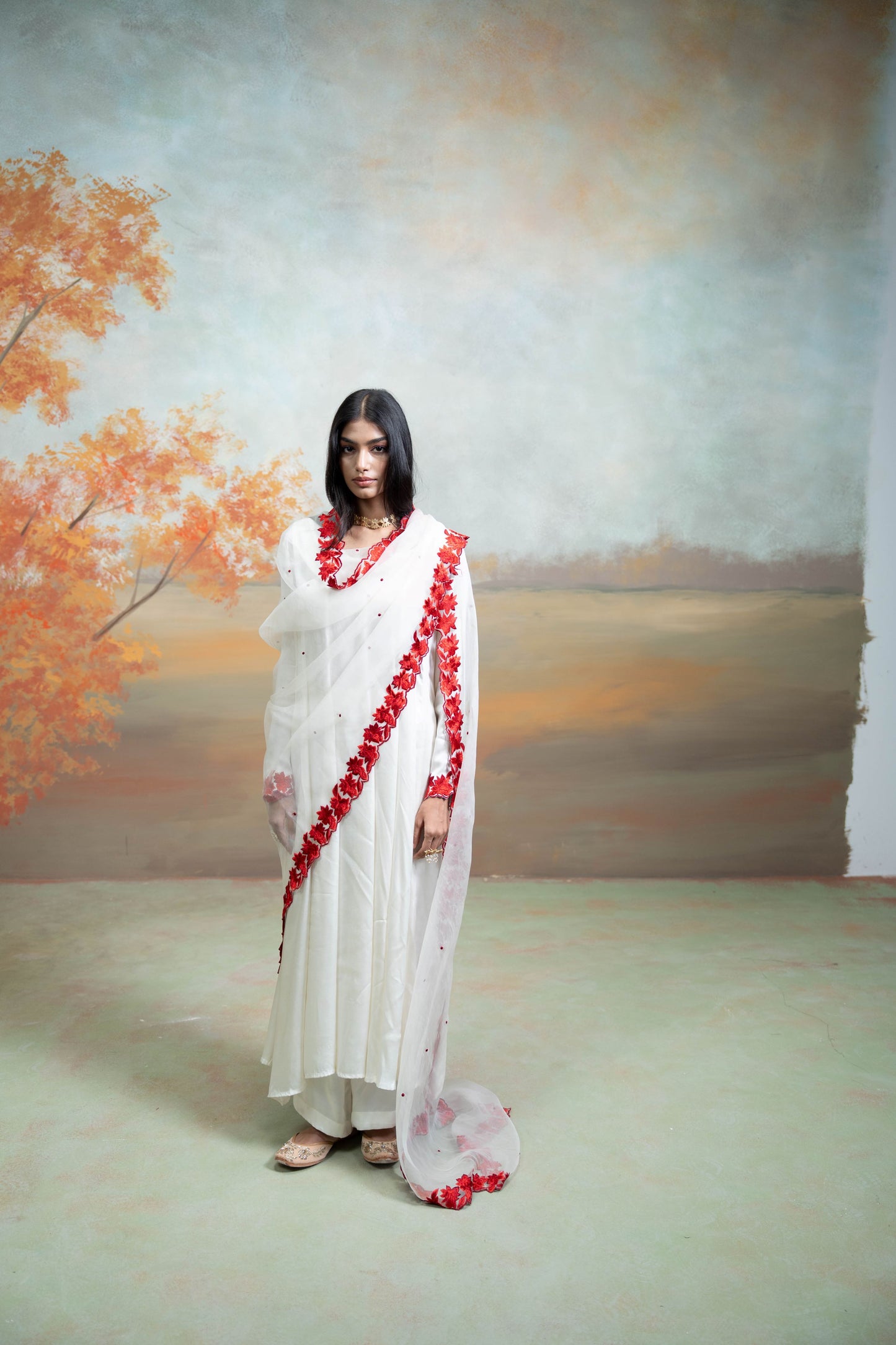 White & Red Floral Embroidery Cotton Silk & Organza Anarkali Set 3 Pcs
