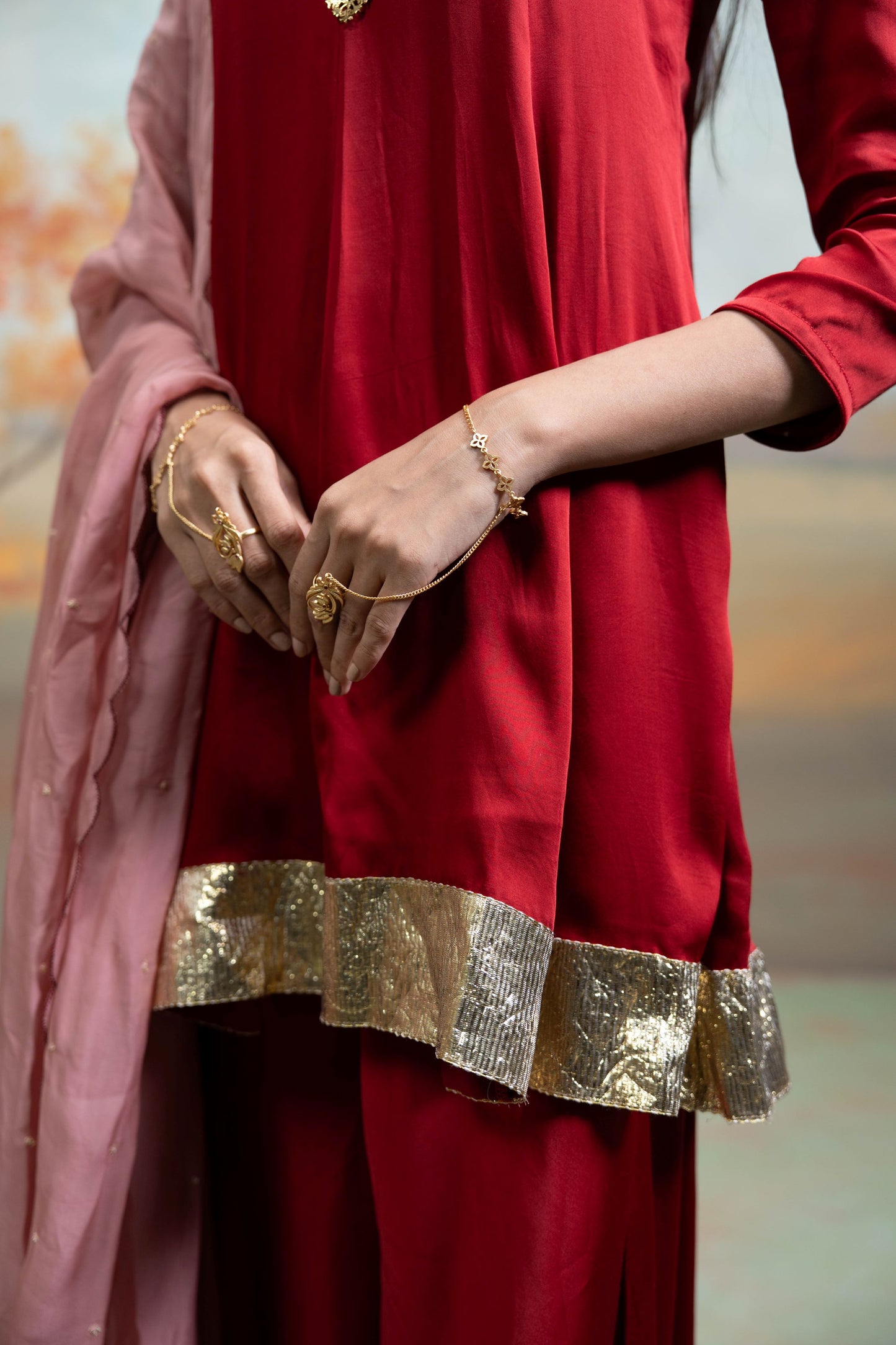 Maroon & Pink Pearl Lumps Detailing Georgette Peplum Gharara Set 3 Pcs