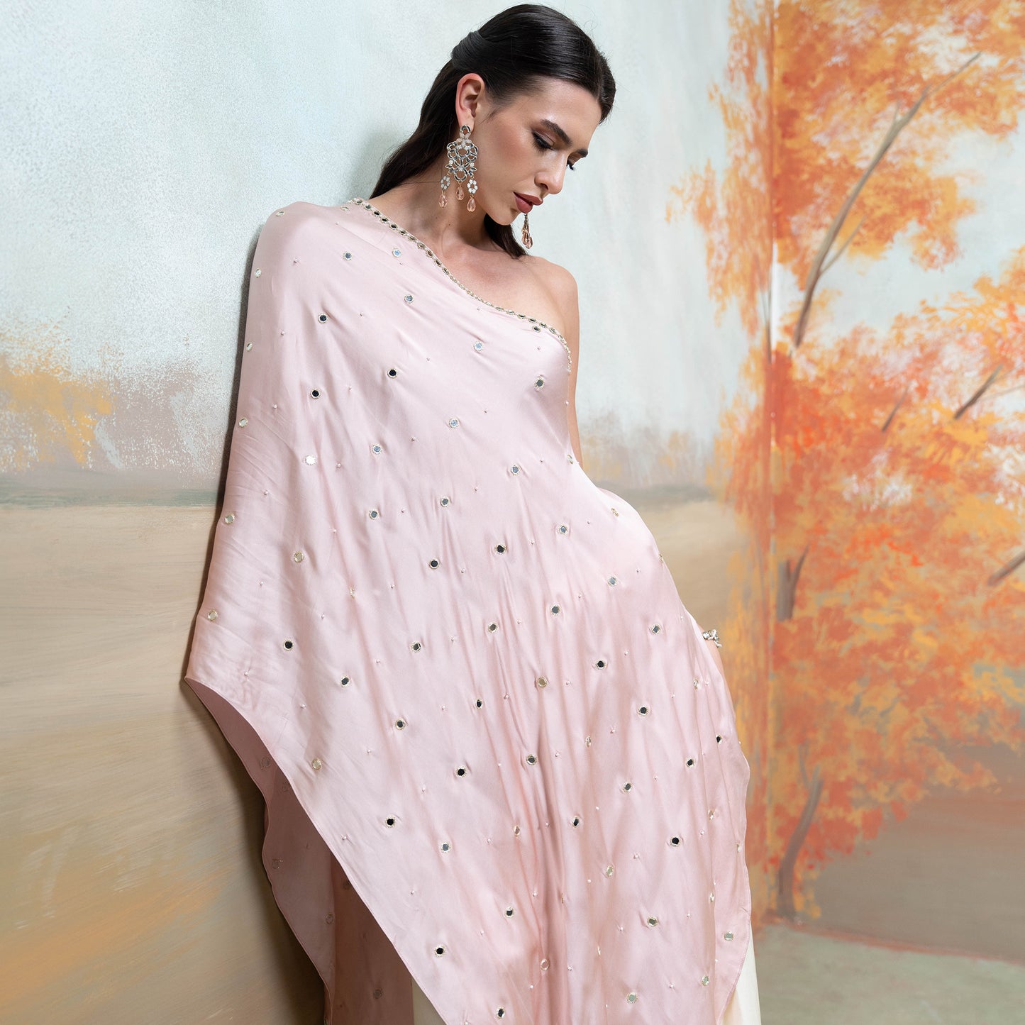 Light Pink Mirror Zari Pearl Work Georgette Top Set 2 Pcs
