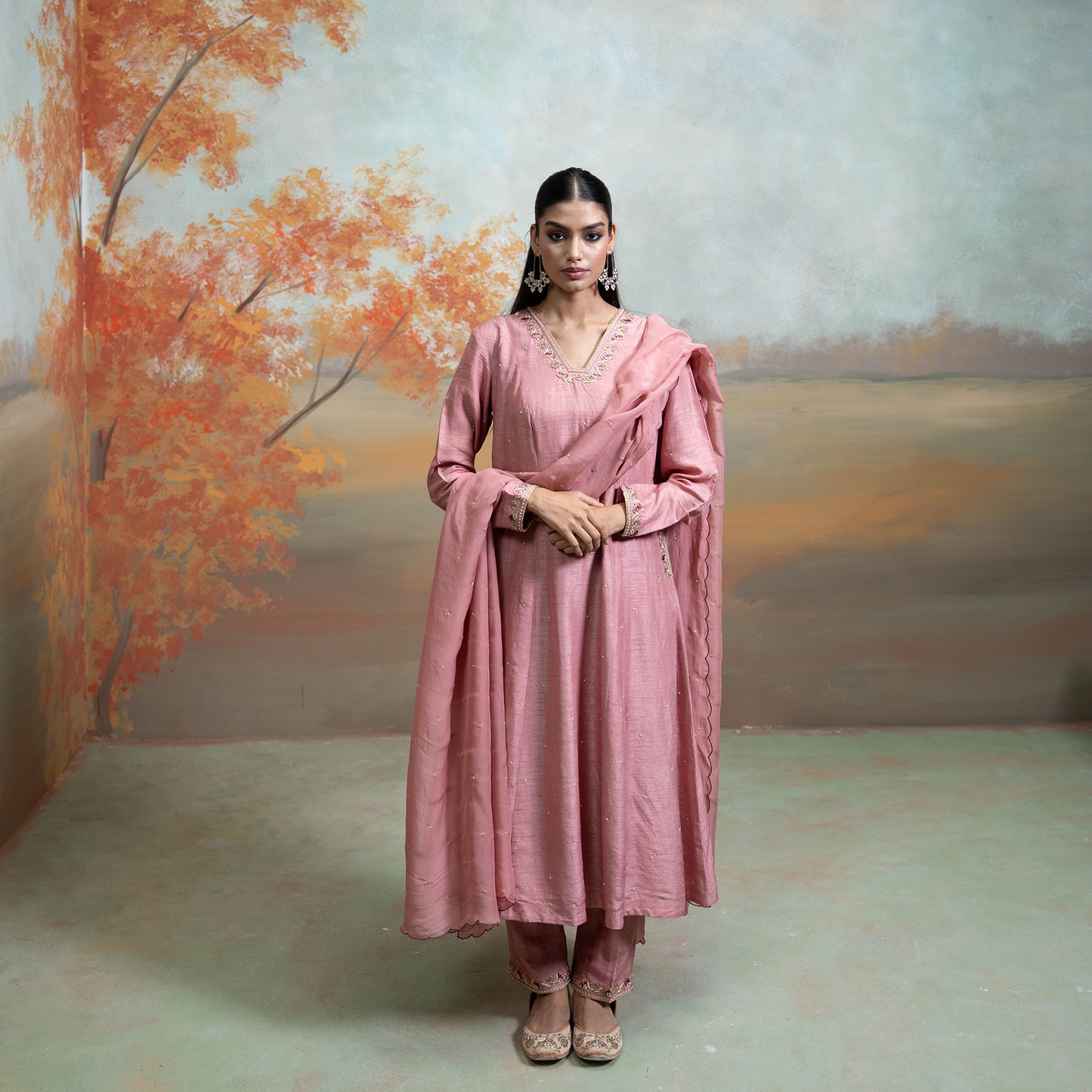Dull Rose Pink Zardozi Resham Work Silk Anarkali Set 3 Pcs
