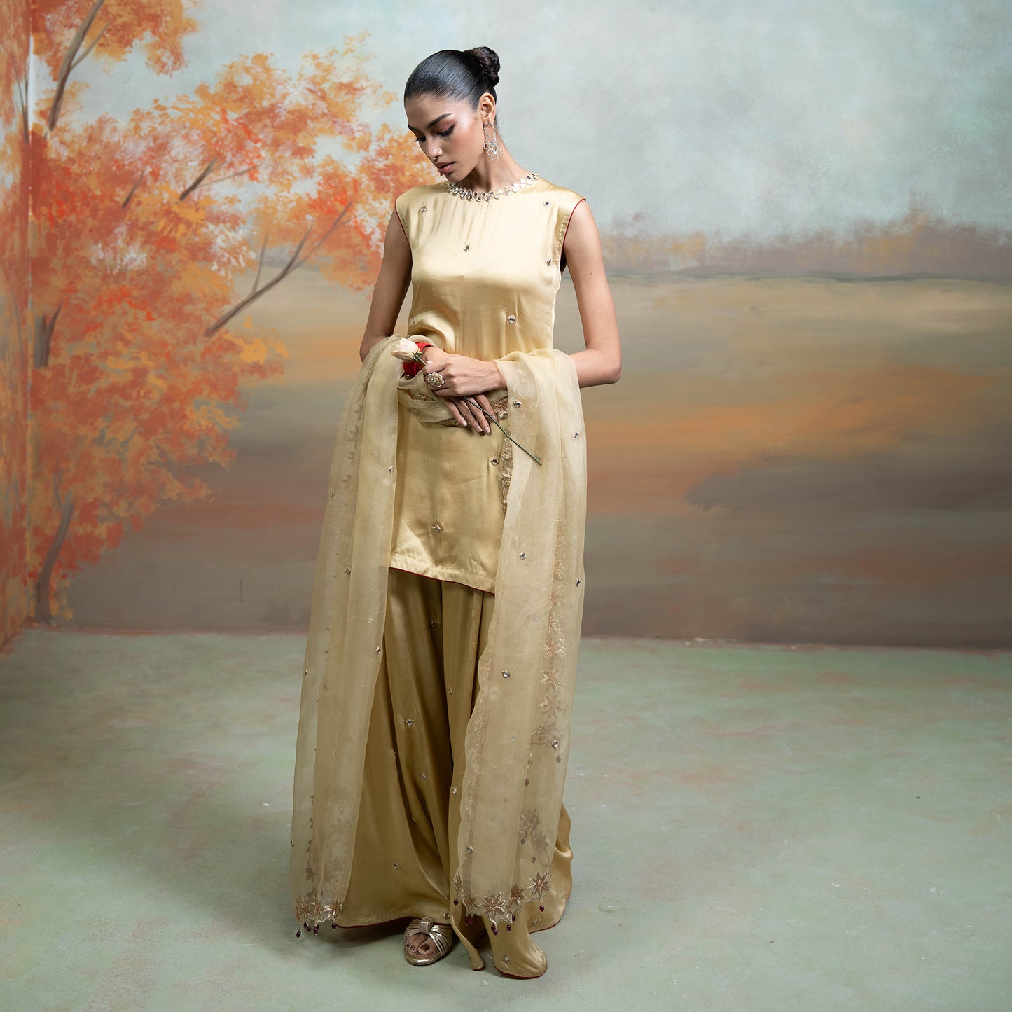 Golden Mirror Zari Work Organza Kurta Set 3 Pcs