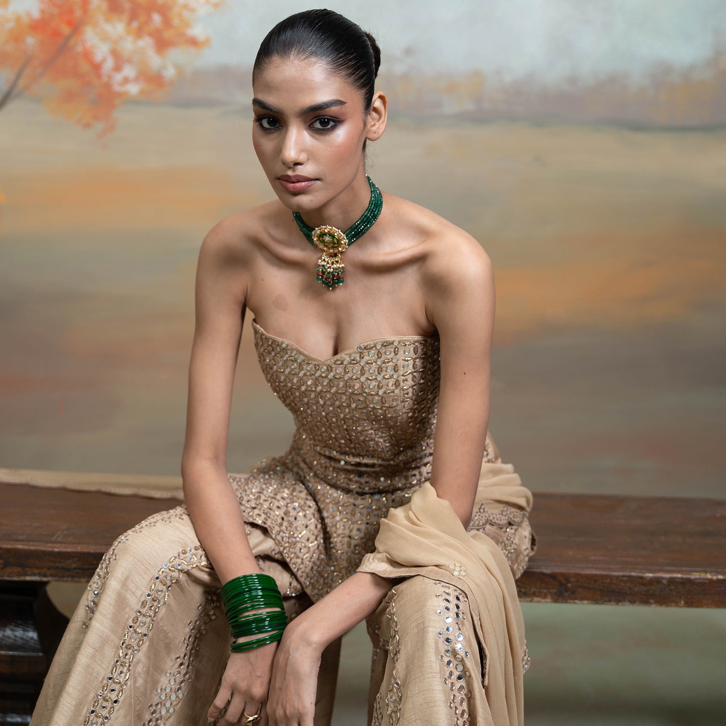 Golden Zardozi Mirror Work Raw Silk Gharara Set 3 Pcs