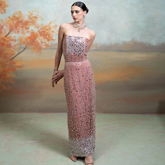 Pink Mirror Dori Work Corset With Straight Skirt Set 2 Pcs