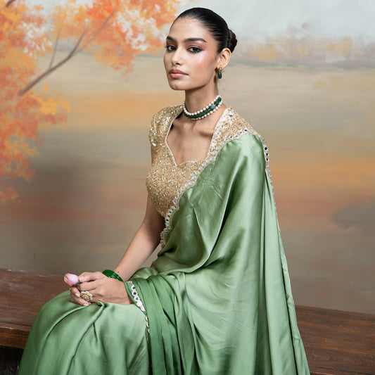 Green & Golden Mirror Sequin Work Georgette Saree Set 2 Pcs