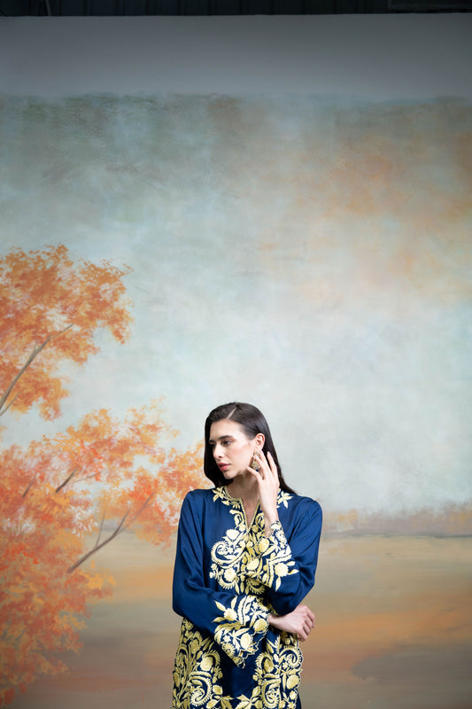 Dark Blue Embroidery Cotton Silk Kurta Set 2 Pcs