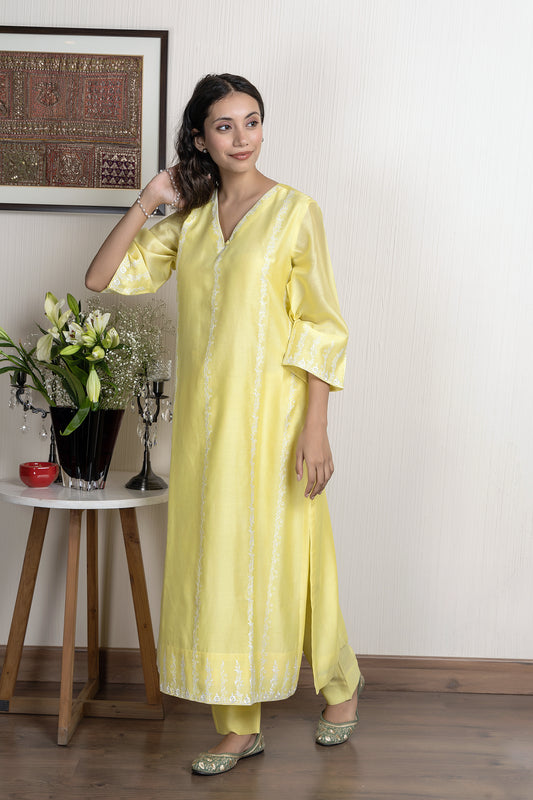 Yellow chanderi embroidered kurta paired with Chanderi pants