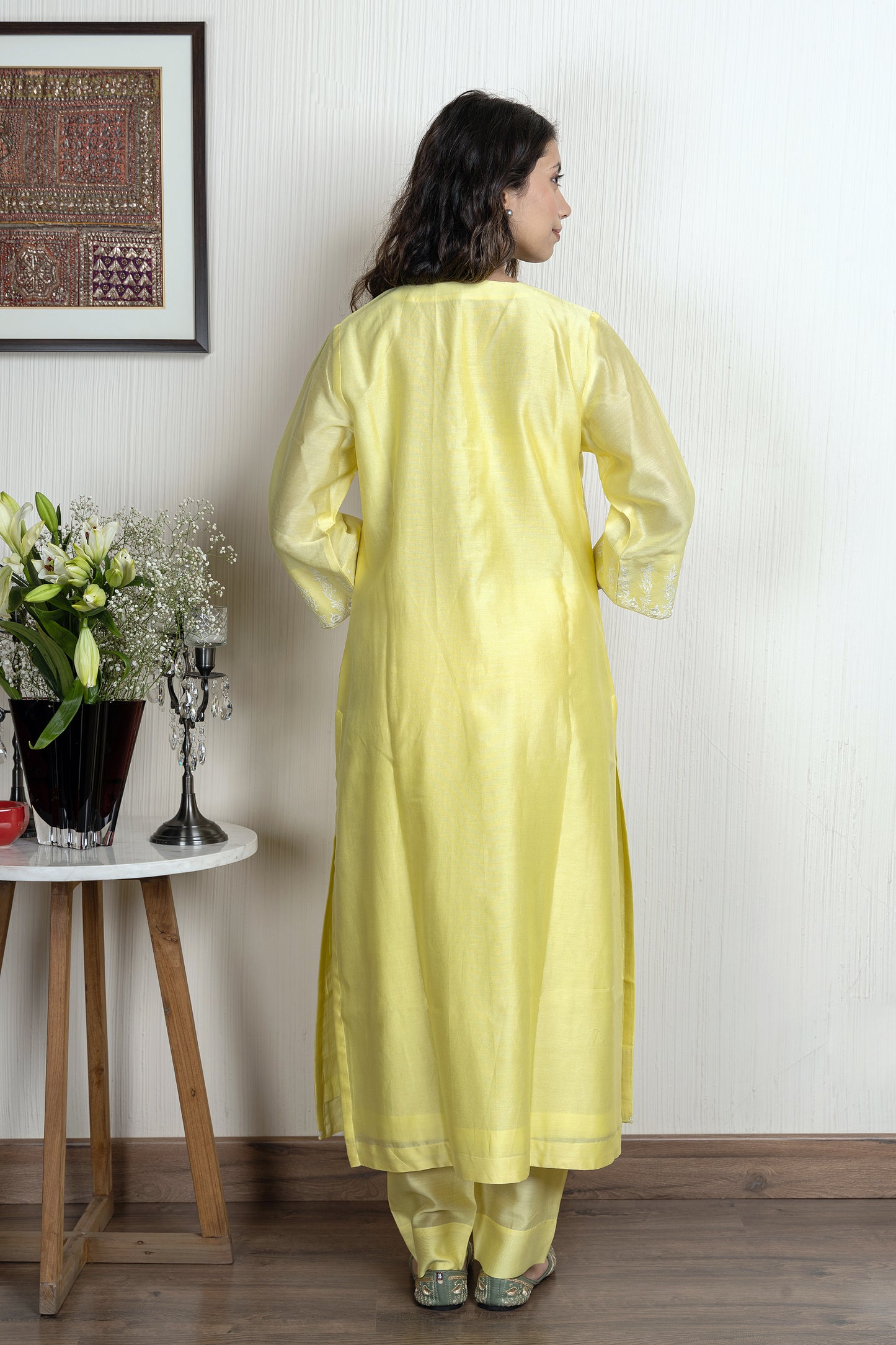 Yellow chanderi embroidered kurta paired with Chanderi pants