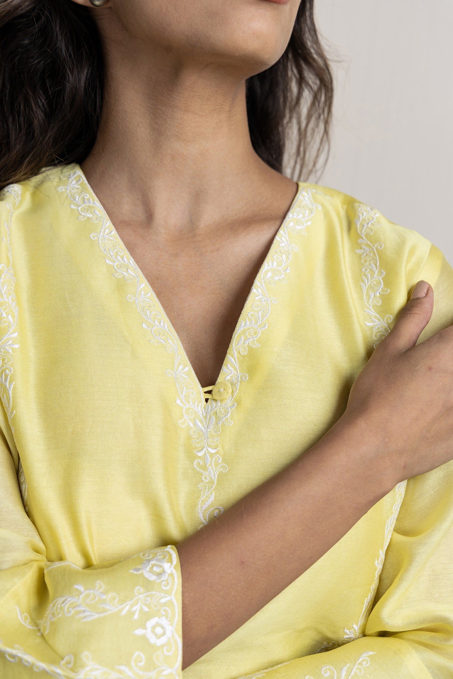 Yellow chanderi embroidered kurta paired with Chanderi pants