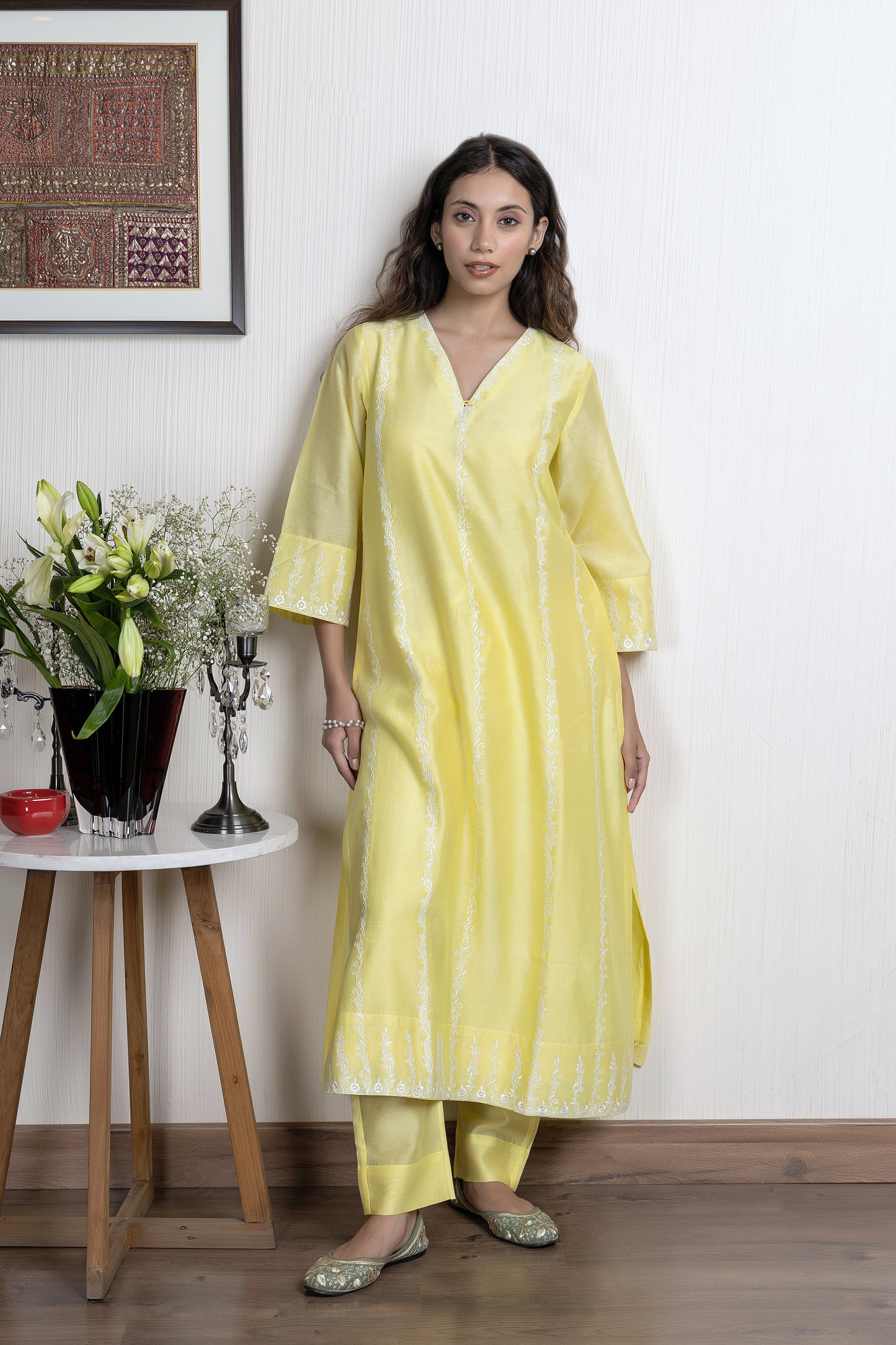 Yellow chanderi embroidered kurta paired with Chanderi pants