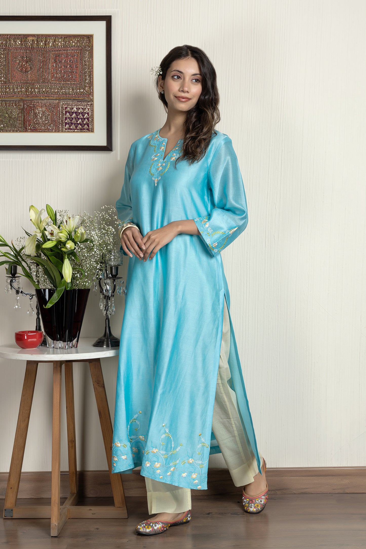 Turquoise Chanderi embroidered kurta paired with cotton pants and Chanderi dupatta
