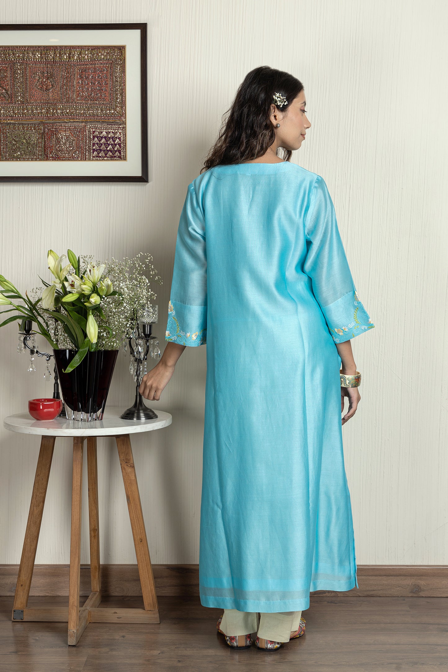 Turquoise Chanderi embroidered kurta paired with cotton pants and Chanderi dupatta